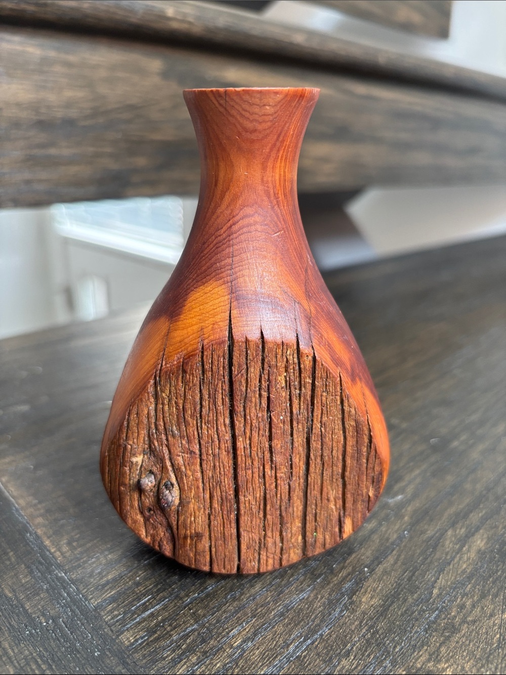 Vintage 1991 hand turned live-edge wood vase, narrow top,signed, 5x2.5”